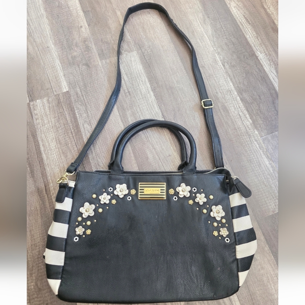 Vintage BETSEY JOHNSON SATCHEL bag Black White Floral Y2k Crossbody Lips